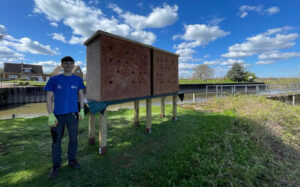 Aaron, a Canal & River Trust apprentice, standing beside a habitat structure by a canal.