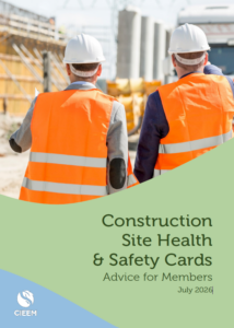 Front cover of the guidance document featuring two men in orange high vis and safety helmets with their backs to the camera and a green background with the title 'Construction Site Health & Safety Cards Advice for Members July 2026'
