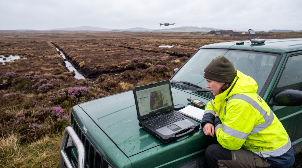 An ecologist in yellow high vis is looking at a laptop which is balanced on the bonnet of a car. They are in a heathland.
