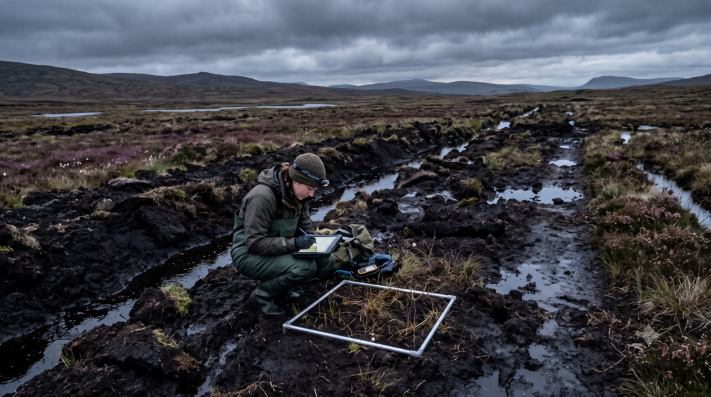 An ecologist in a bog, they are crouched down over a quadrat and entering data on a tablet..