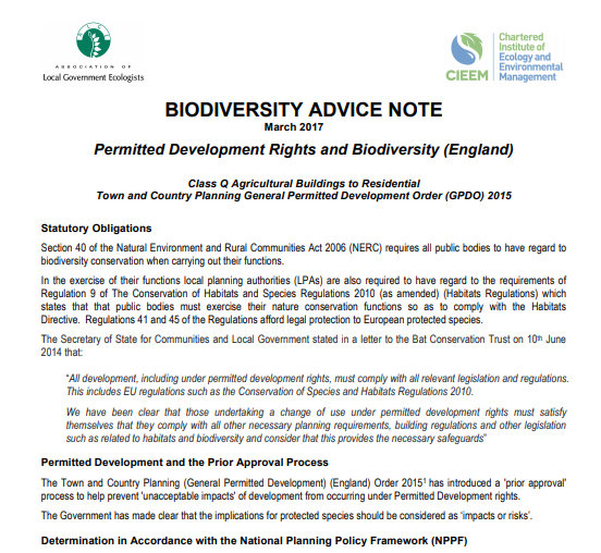 Permitted Development Rights and Biodiversity Advice Note | CIEEM