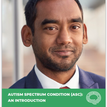 A person in a suit above a green banner which reads Autism Spectrum Condition (ASC): An Introduction